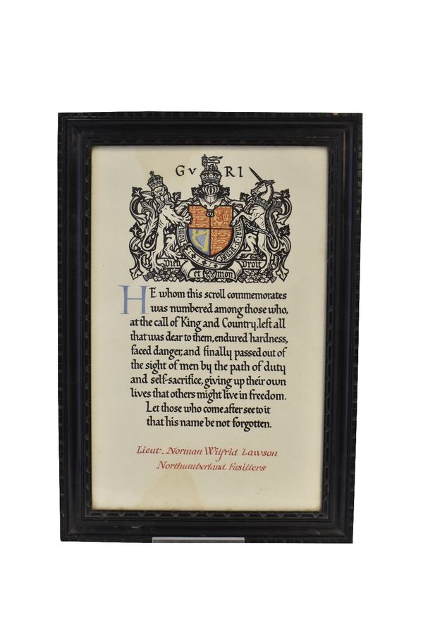 CONTEMPORARY FRAMED GREAT WAR MEMORIAL SCROLL