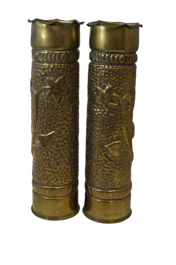 PAIR OF ARTS AND CRAFTS DECORATED BRASS TRENCH ART SHELLS