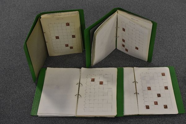 FOUR LOOSE LEAF FILES containing hand-drawn and annotated Penny Red sheet positions