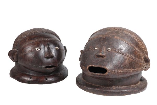 TWO WOODEN TABWA HELMET MASK