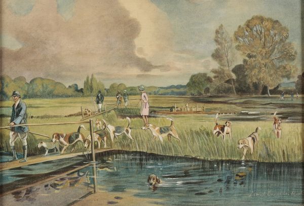 ENGLISH SCHOOL, 20TH CENTURY Hunting scenes with figures and hounds crossing a river