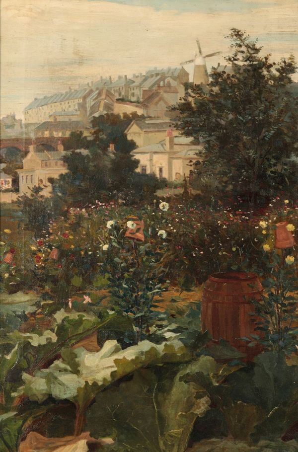 DAVID FULTON (1848-1930) Garden view with houses and a windmill beyond
