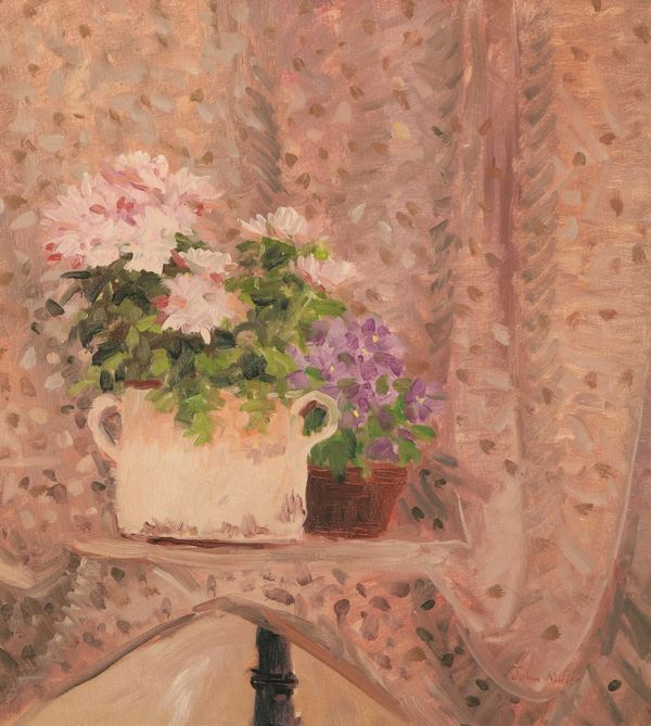 *JOHN MILLER (1911-1975) 'Flowers against a pink curtain'