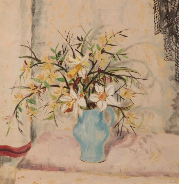 *ROWLAND SUDDABY (1912-1972) Still life study of flowers in a blue jug in an interior