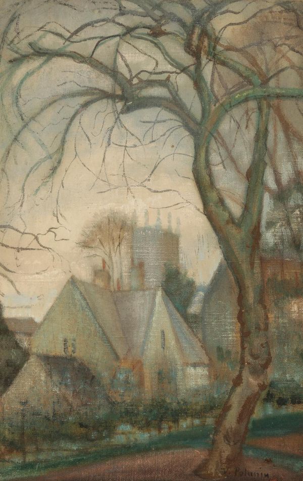 *VLADIMIR POLUNIN (1880-1957) Village scene with a tree to the foreground and a church tower beyond