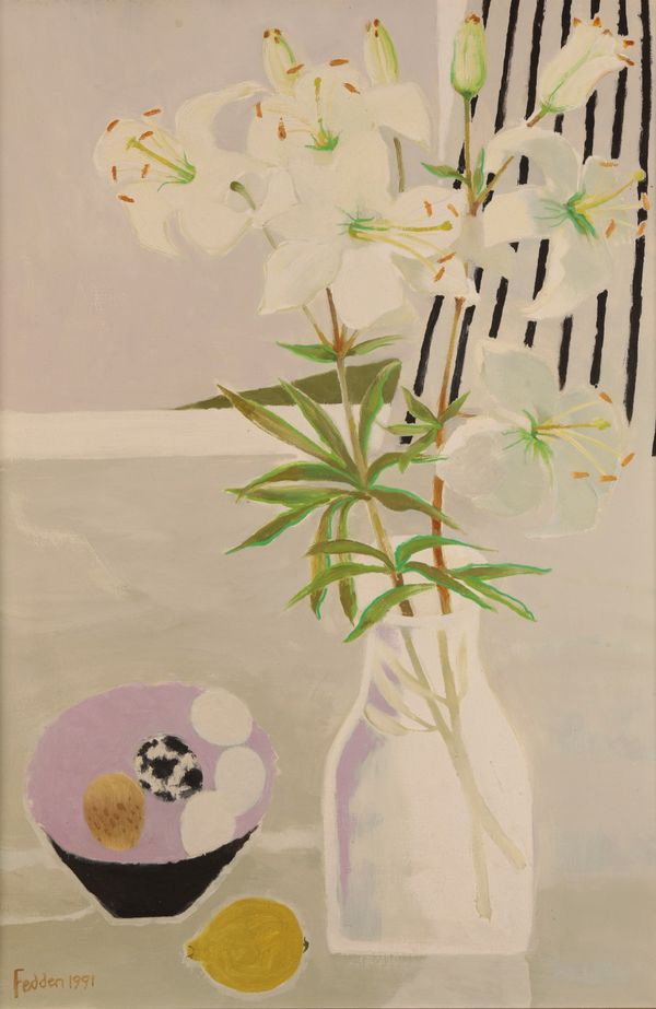 *MARY FEDDEN (1915-2012) Still life with lilies, eggs and a lemon