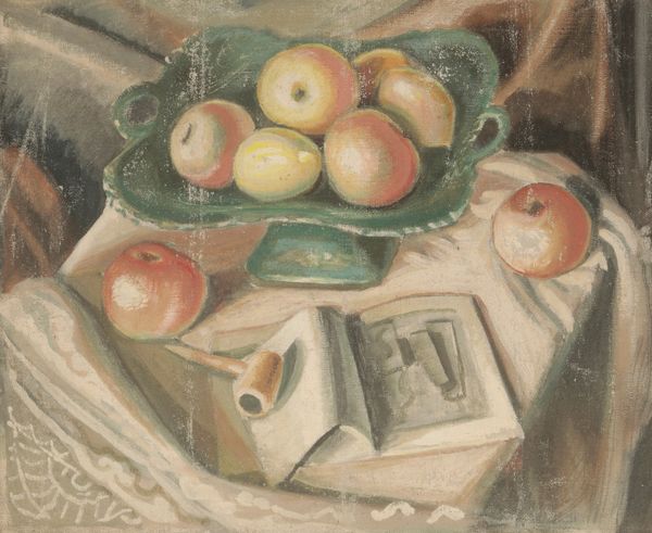 *VLADIMIR POLUNIN (1880-1957) Still life study of fruit, a dish, a book and a pipe on a tabletop
