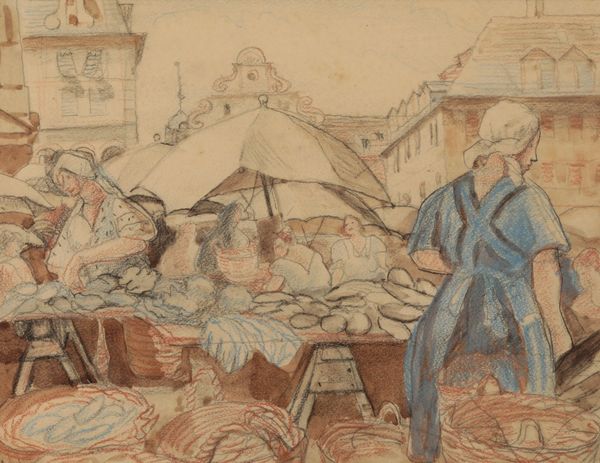 *VLADIMIR POLUNIN (1880-1957) Busy market scene with figures and a produce in a town square