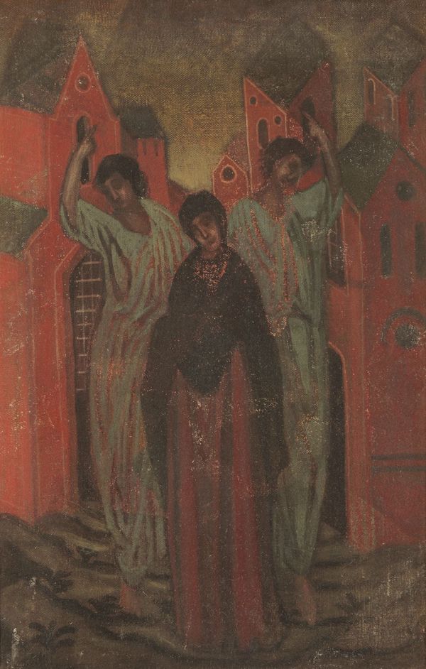 *VLADIMIR POLUNIN (1880-1957) Three figures standing before red buildings