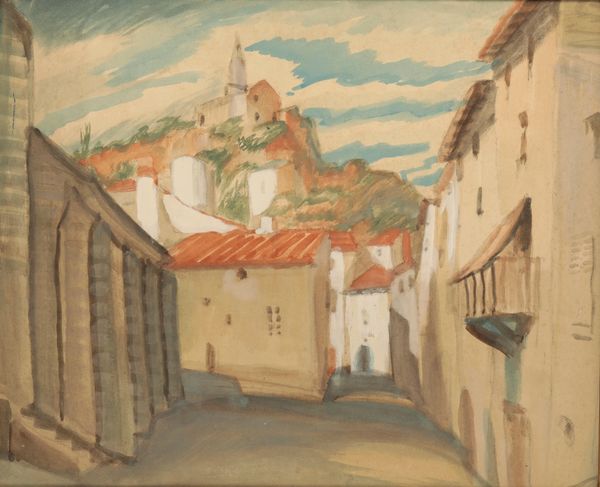*VLADIMIR POLUNIN (1880-1957) Continental townscape looking toward a hilltop church