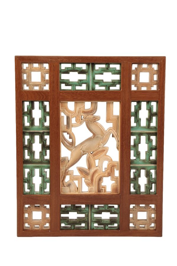 POOLE POTTERY: AN IMPORTANT AND EXCEPTIONALLY RARE ART DECO FAIENCE "LEAPING GAZELLE" TILE PANEL