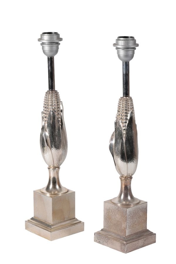 MAISON CHARLES: A PAIR OF SILVERED "EPIS DE MAIZE" TABLE LAMPS