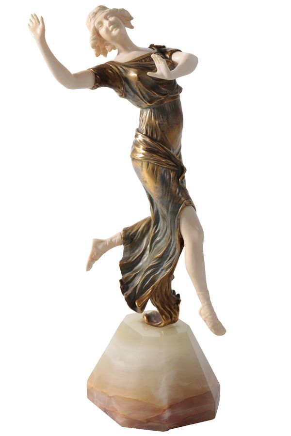 HENRI FUGERE (1872-1944): "DANSEUSE" AN ART DECO GILT AND COLD PAINTED BRONZE AND IVORY FIGURE