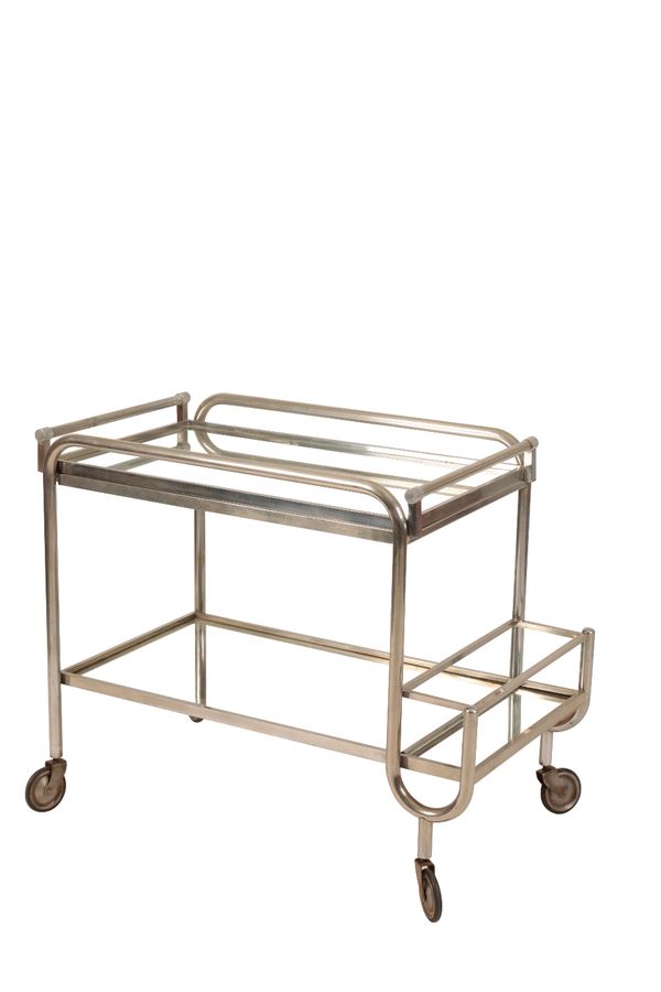 *ATTRIBUTED TO JACQUES ADNET: AN ART DECO CHROME AND MIRRORED BAR CART / DRINKS TROLLEY