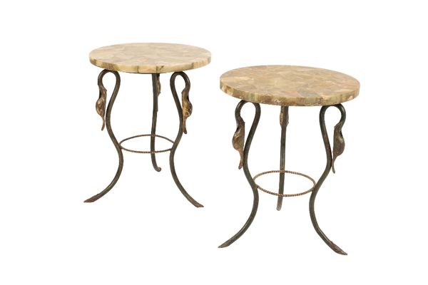 MANNER OF MAISON BAGUES: A PAIR OF PAINTED WROUGHT IRON AND GREEN STONE OCCASIONAL TABLES