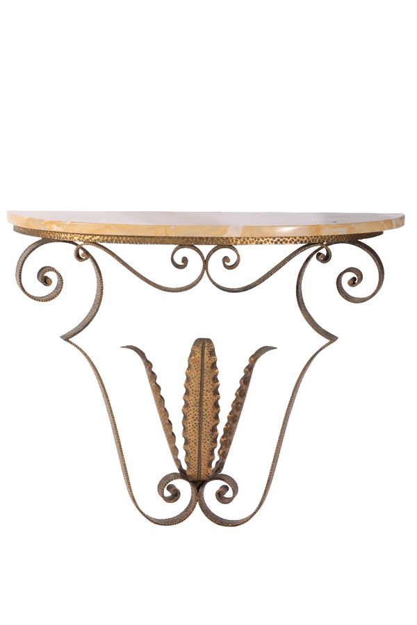 *PIER LUIGI COLLI: A GILT WROUGHT IRON, GLASS AND SIENNA MARBLE CONSOLE TABLE AND MIRROR