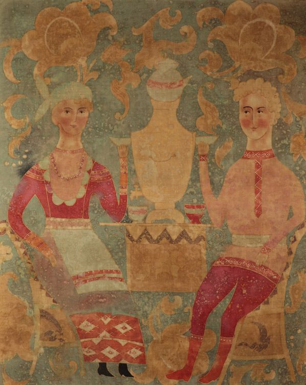 RUSSIAN SCHOOL, 20TH CENTURY A stylised couple toasting with tea beside a samovar