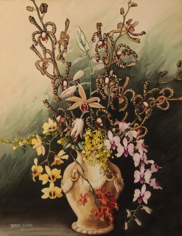 *BARBARA EVERARD (1910-1990) Still life study of exotic flowers in a classical style baluster urn