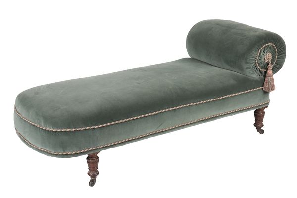 WALNUT AND TEAL UPHOLSTERED DAY BED