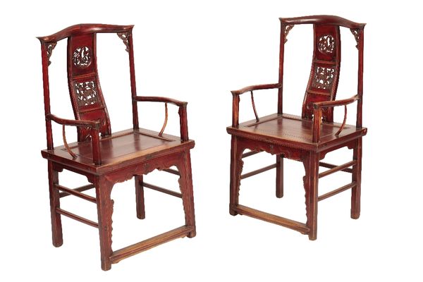 PAIR OF CHINESE RED LACQUER 'YOKE' BACK ARMCHAIRS, LATE QING DYNASTY