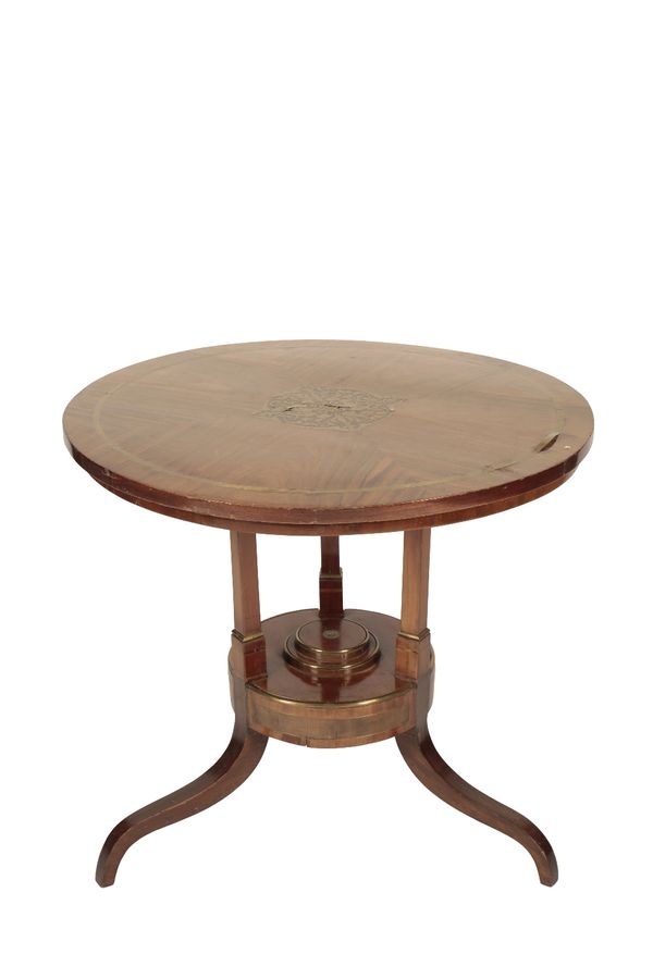 WALNUT AND BRASS INLAID CIRCULAR CENTRE TABLE IN EARLY 19TH CENTURY STYLE
