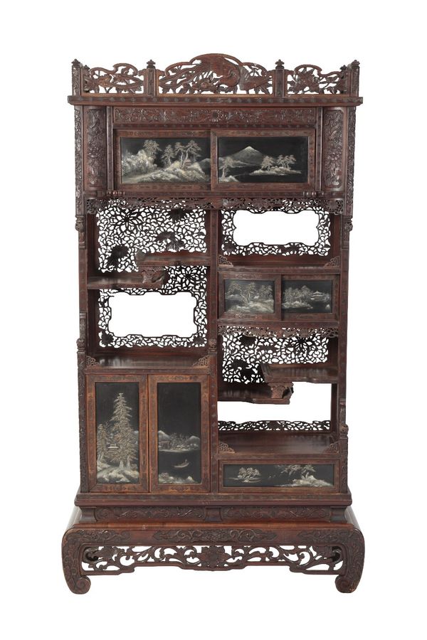JAPANESE CARVED WOOD AND LACQUER CABINET, MEIJI PERIOD