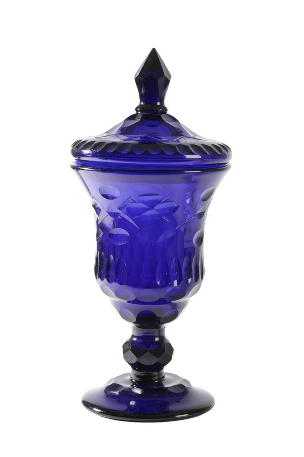 LARGE BOHEMIAN BLUE GLASS CUP AND COVER, LATE 19TH CENTURY