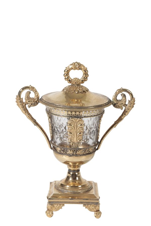 FRENCH SILVER GILT AND GLASS MOUNTED TWIN HANDLED URN