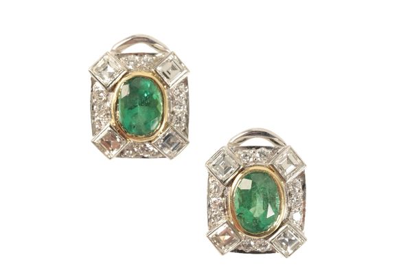 A PAIR OF EMERALD AND DIAMOND EARRINGS