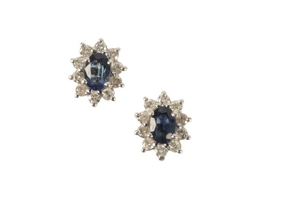 A PAIR OF SAPPHIRE AND DIAMOND EAR STUDS