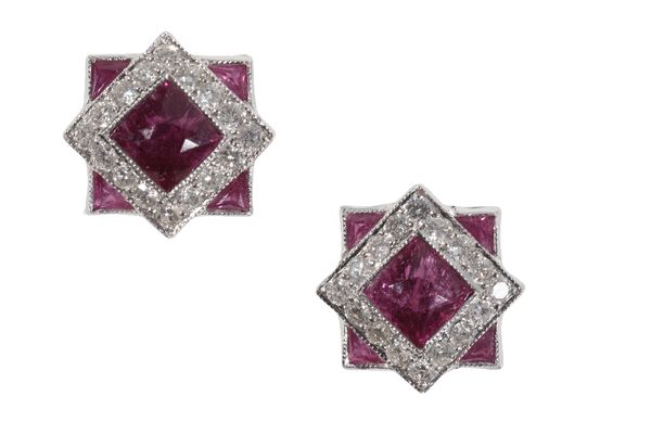 A PAIR OF 18 CARAT GOLD PINK TOURMALINE, RUBY AND DIAMOND EAR STUDS