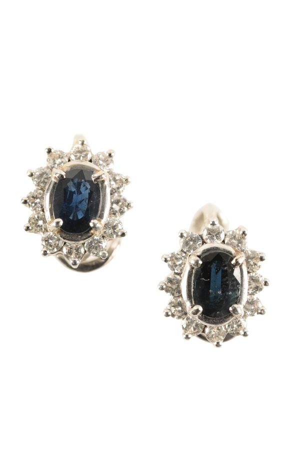 A PAIR OF SAPPHIRE AND DIAMOND CLUSTER EARRINGS