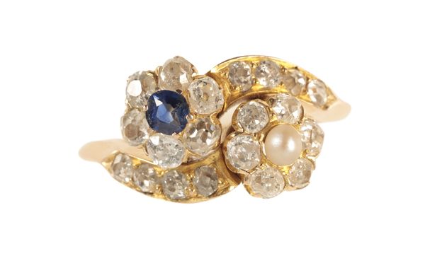 A DIAMOND, PEARL AND SAPPHIRE CROSSOVER RING