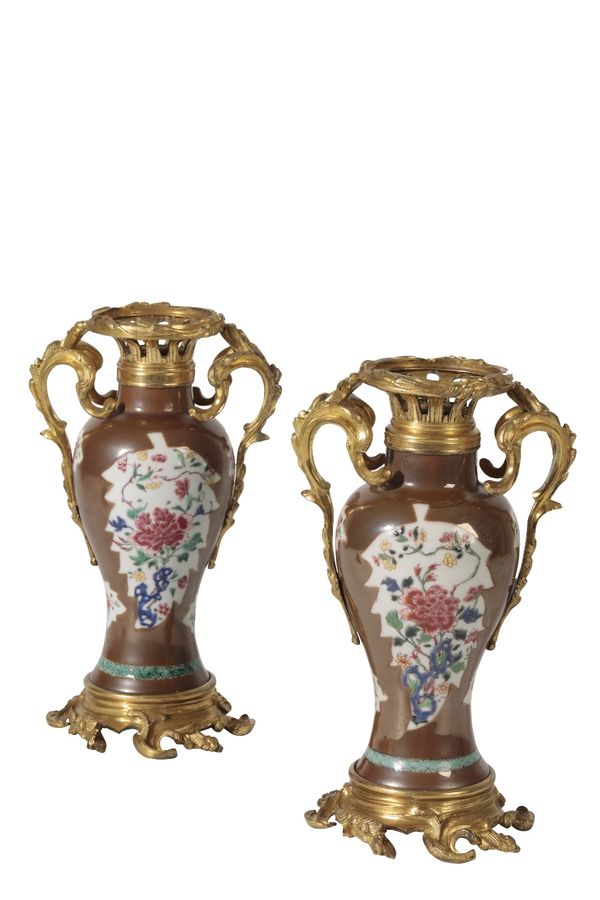 PAIR COPPER-GROUND FAMILLE ROSE VASES, YONGZHENG PERIOD