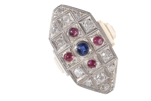 A DIAMOND, RUBY AND SAPPHIRE PANEL RING