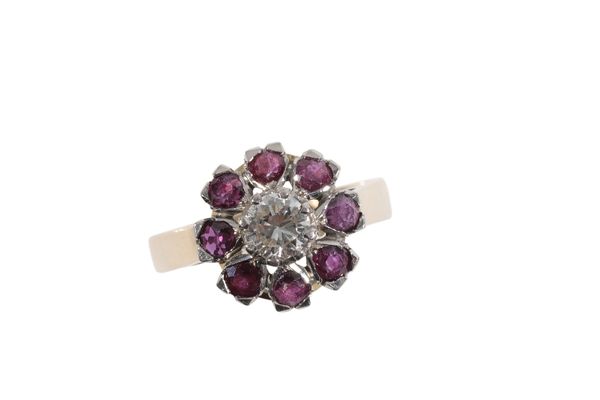 A DIAMOND AND RED SPINEL CLUSTER RING