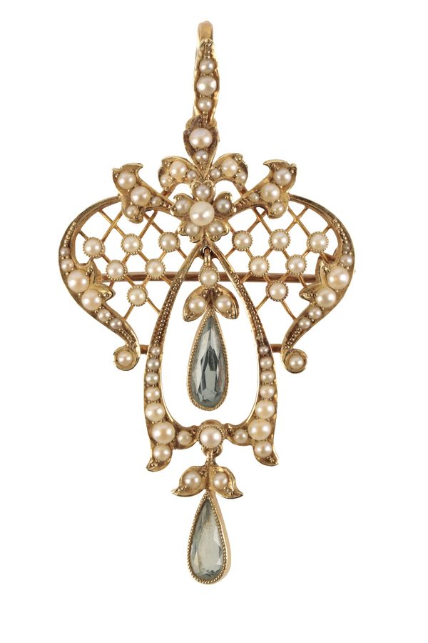 A BELLE EPOQUE SEED PEARL AND AQUAMARINE PENDANT/BROOCH