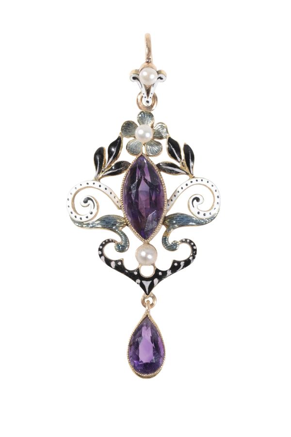 AN EARLY 20TH CENTURY AMETHYST, ENAMEL AND SEED PEARL PENDANT