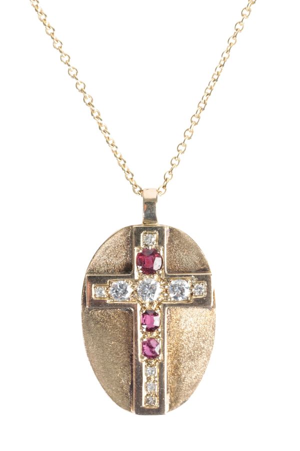 A DIAMOND AND RUBY-SET GOLD CROSS