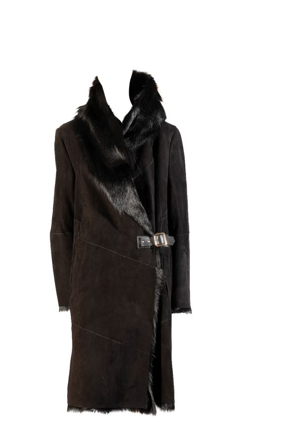 NICOLE FARHI BLACK LEATHER ALPINE GOAT COAT