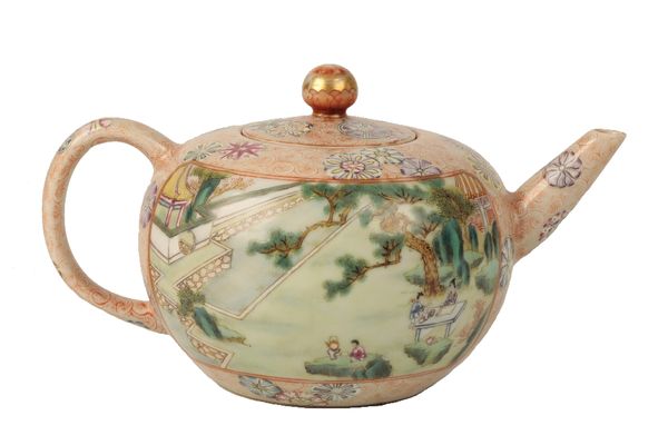 FAMILLE ROSE 'HUI MOUNTAIN RETREAT' TEAPOT AND COVER, QIANLONG SEAL MARK BUT LATER
