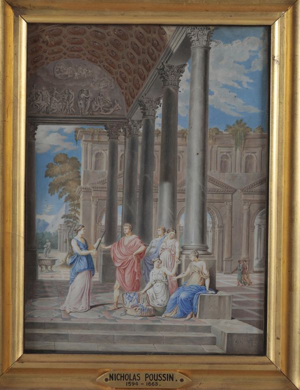 MANNER OF NICOLAS POUSSIN (1594-1665) Figures viewing jewellery in an elegant portico