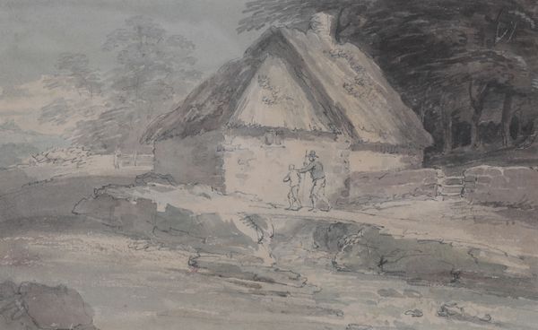 JOHN BAVERSTOCK KNIGHT (1788-1859) Figures walking beside a cottage