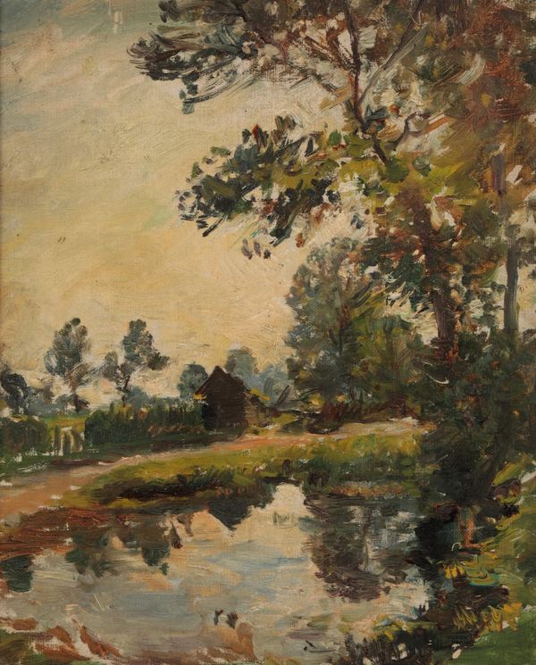 MARK WILLIAM FISHER (1841-1923) River landscape with small building