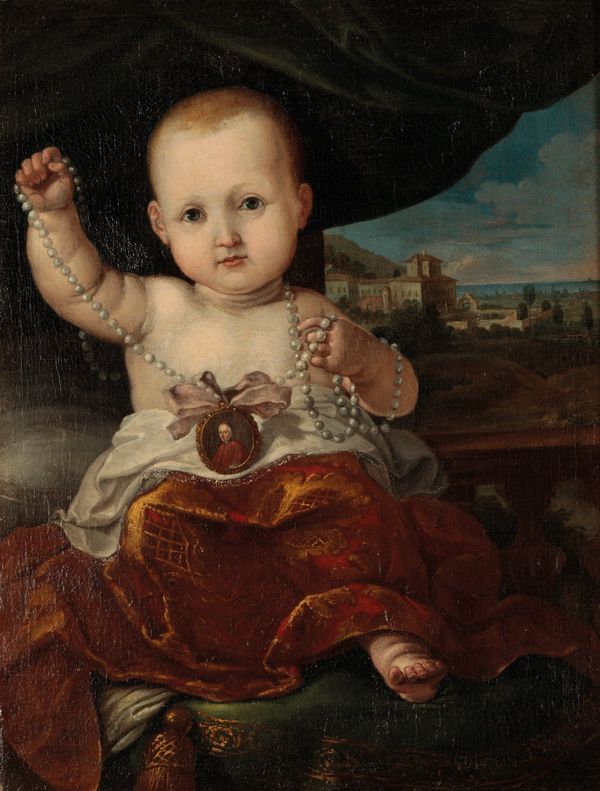 CONTINENTAL SCHOOL, 16TH CENTURY STYLE An infant holding a long string of pearls