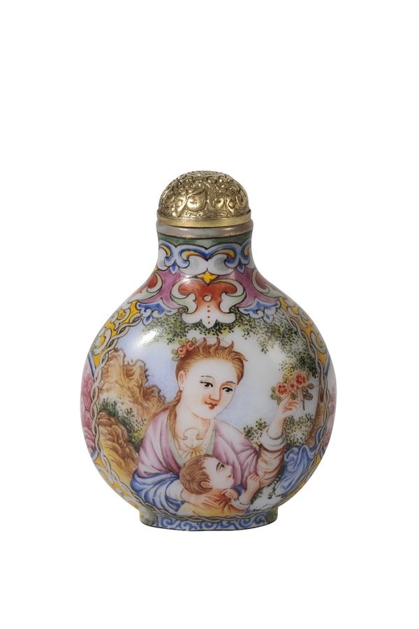 ENAMELLED GLASS 'EUROPEAN' DECORATED SNUFF BOTTLE, QIANLONG SEAL MARK AND PROBABLY OF THE PERIOD