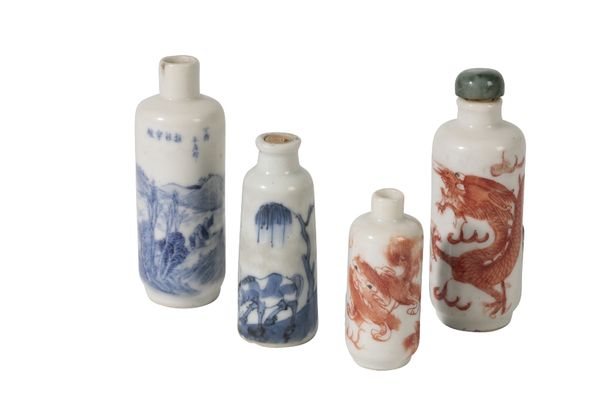 FOUR CHINESE PORCELAIN SNUFF BOTTLES, LATE QING DYNASTY