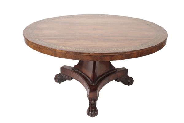 GEORGE IV ROSEWOOD AND BRASS MARQUETRY INLAID CIRCULAR BREAKFAST TABLE