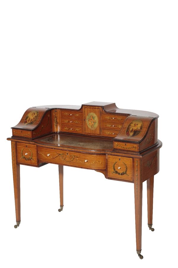 FINE LATE VICTORIAN OR EDWARDIAN PAINTED SATINWOOD AND CROSSBANDED CARLTON HOUSE DESK