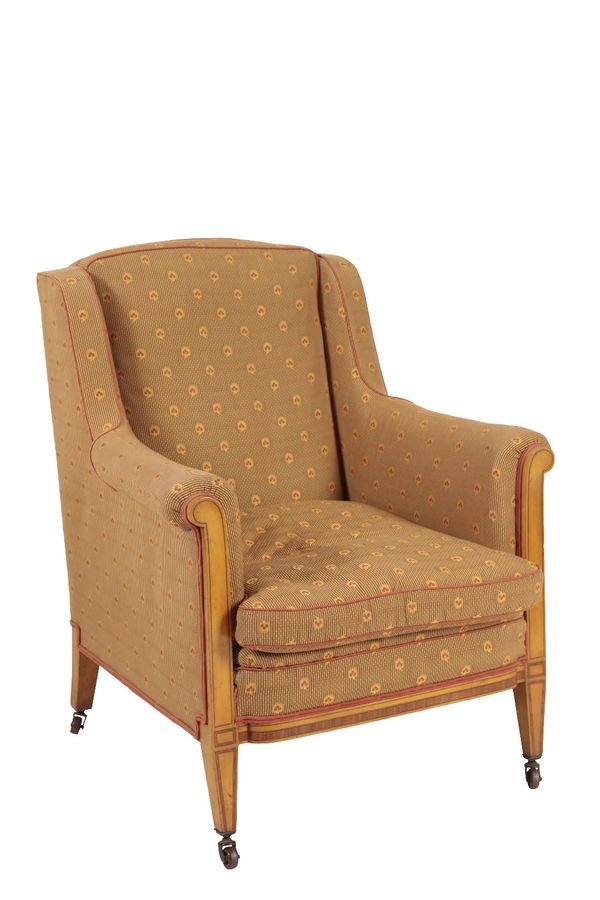 SATINWOOD, CROSSBANDED AND UPHOLSTERED WING ARMCHAIR